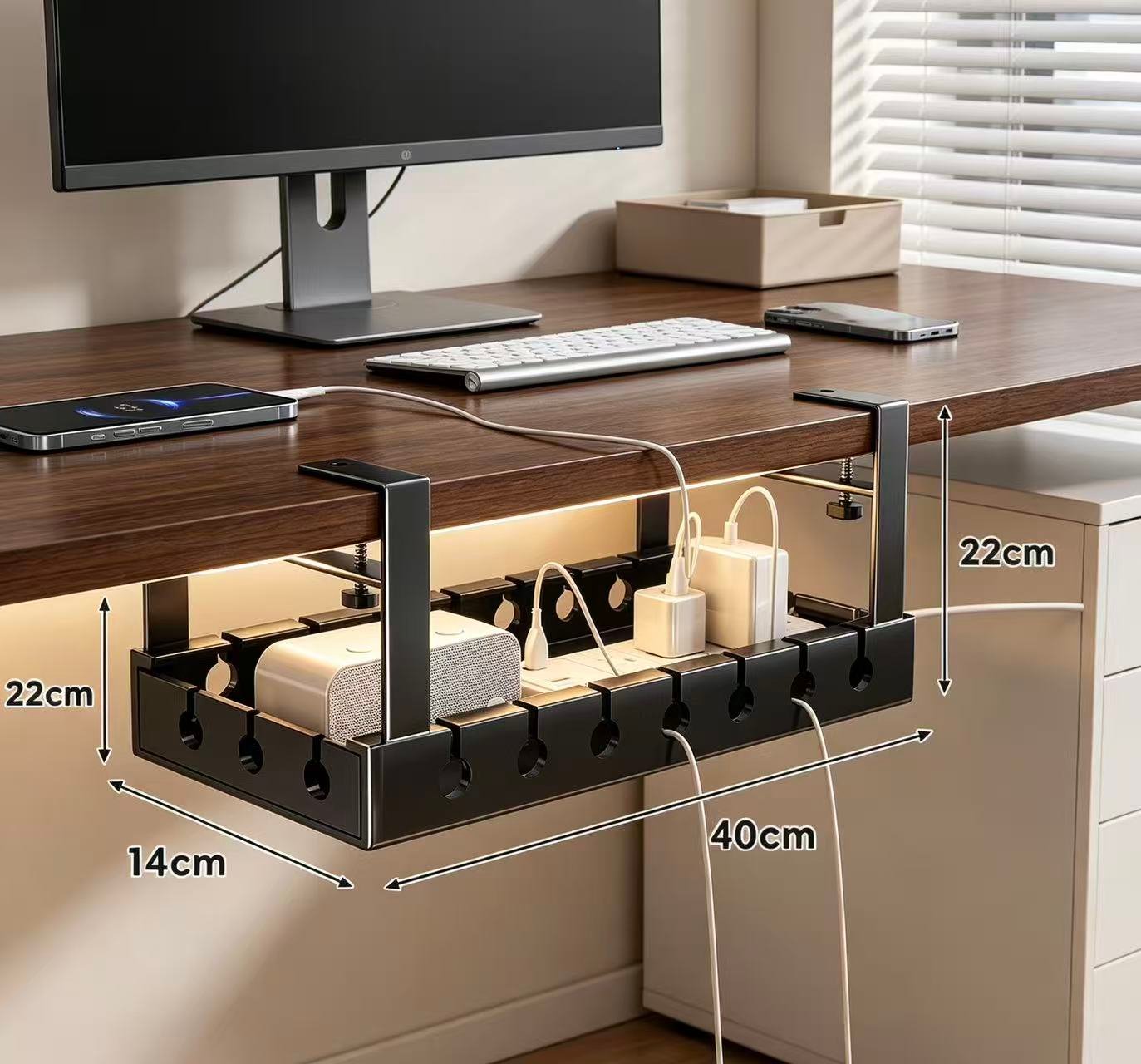 40cm Metal Under‑Desk Cable Management Tray, Screw‑Mount Wire Organizer for Office Desk - Image 3