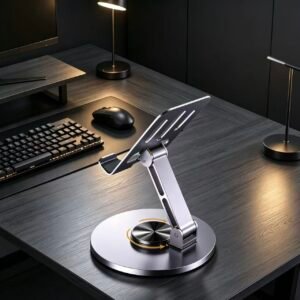 360‑degree rotatable aluminum phone and tablet desktop stand silver