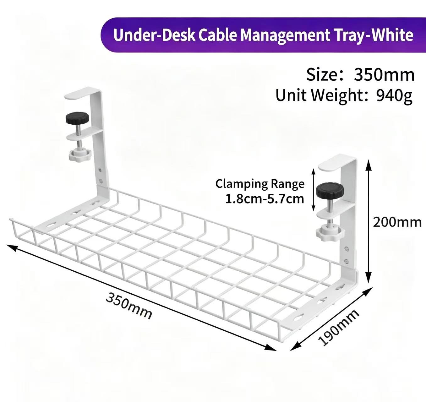 Clamp‑On Metal Under‑Desk Cable Management Tray, No Drill Wire Organizer for Office Desk - Image 3