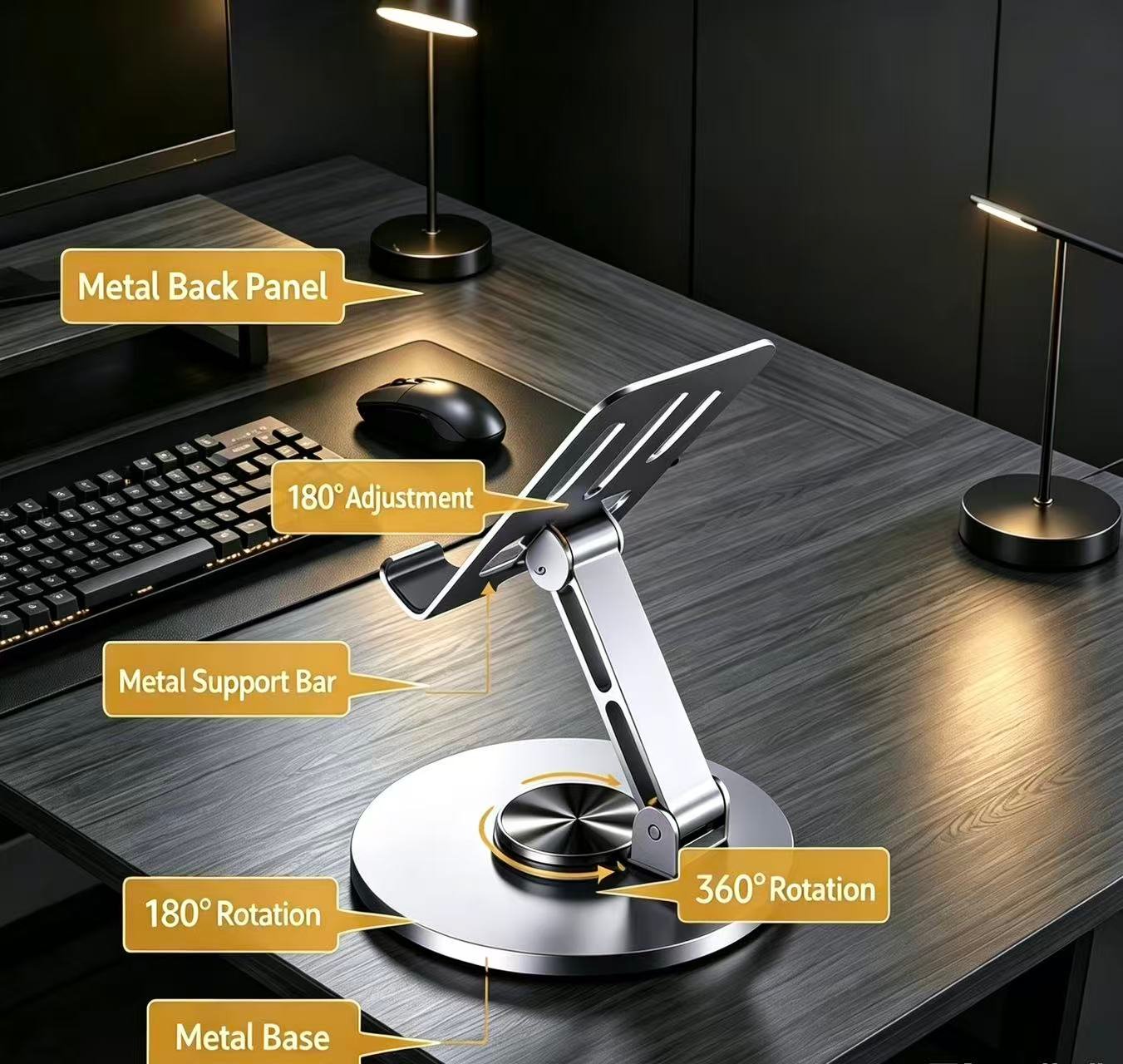 360‑Degree Rotatable Aluminum Phone & Tablet Stand, Fully Adjustable Desktop Holder - Image 3