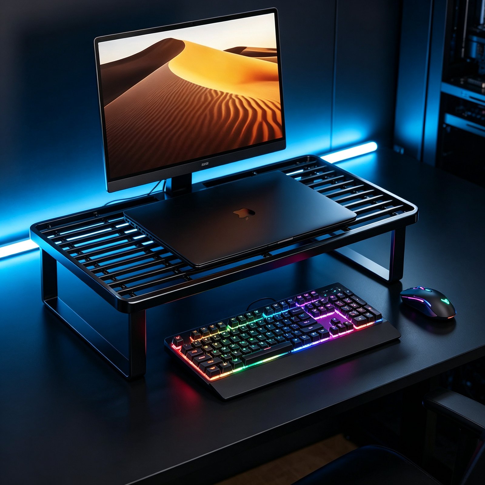 Black monitor stand riser with monitor and laptop in a gaming desk setup with RGB lighting