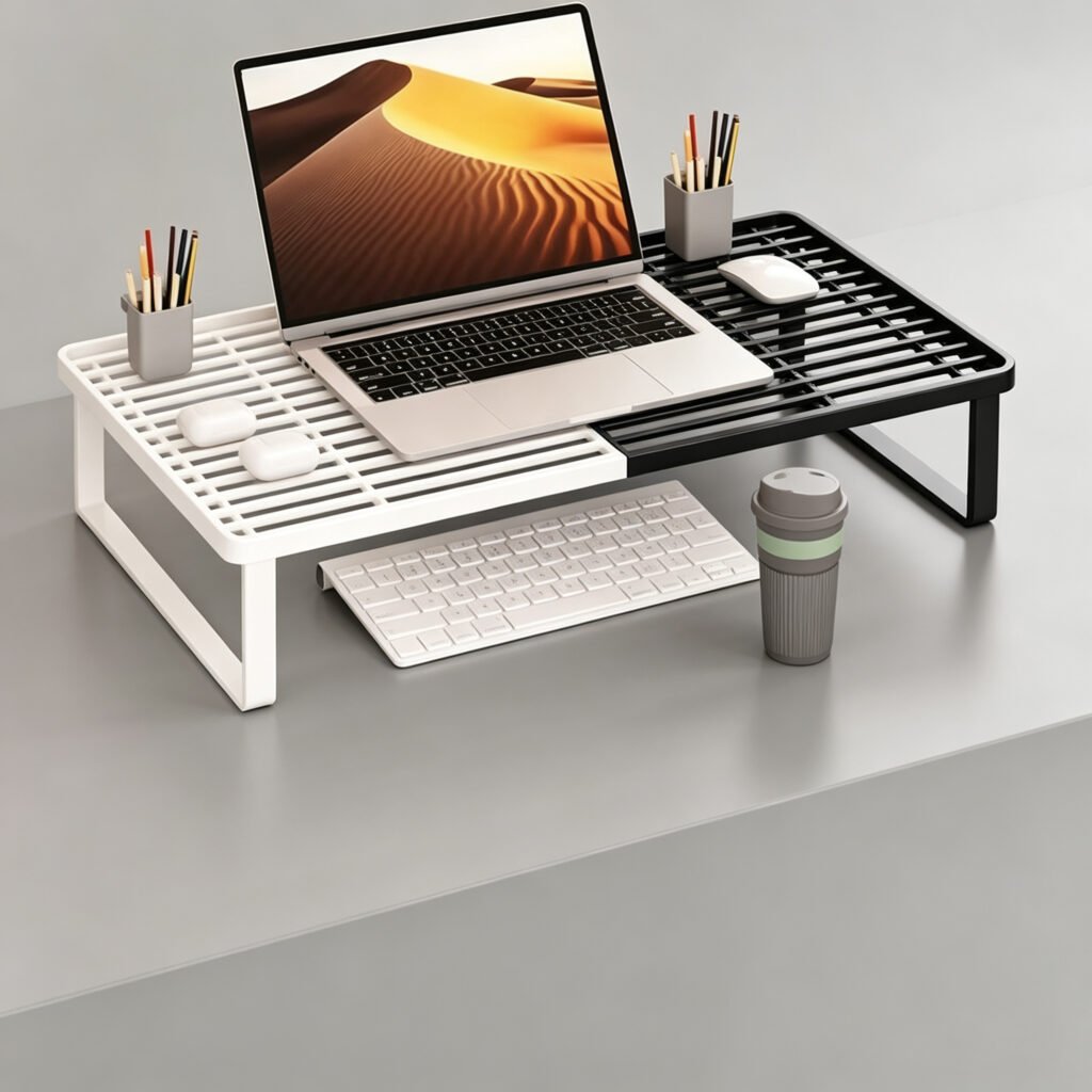White and black monitor stand risers showing under-desk storage space