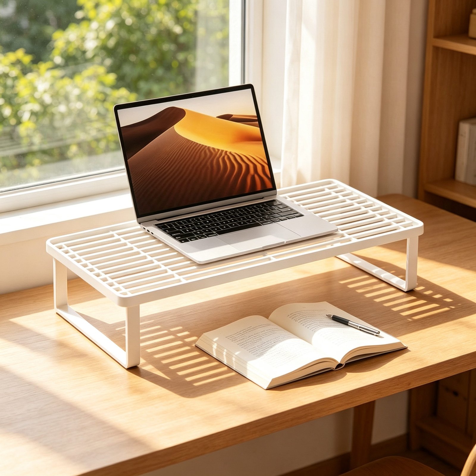 White aluminum monitor stand riser with open grid surface on a wooden desk