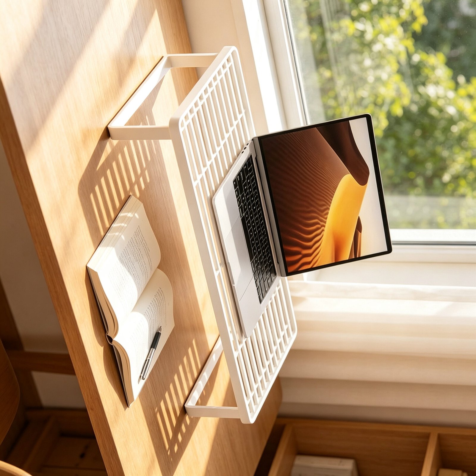 White monitor stand riser with laptop on a wooden desk by the window